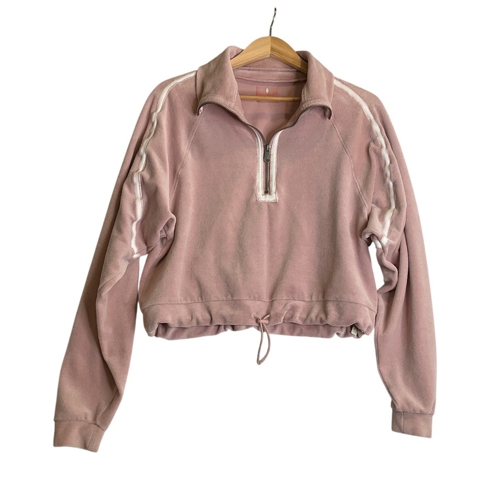 Free People Movement Friday‎ Love Sweatshirt Pink Velour Crop 1/4 Zip Stripes S - Picture 2 of 7